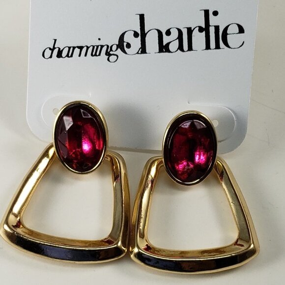 Charming Charlie Gold-Tone Drop Earrings w/ Pink Oval Stone, Elegant Post Dangle - Picture 5 of 9